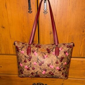Coach Cherry-Print Tote in Brown with Pink and Burgundy Accents